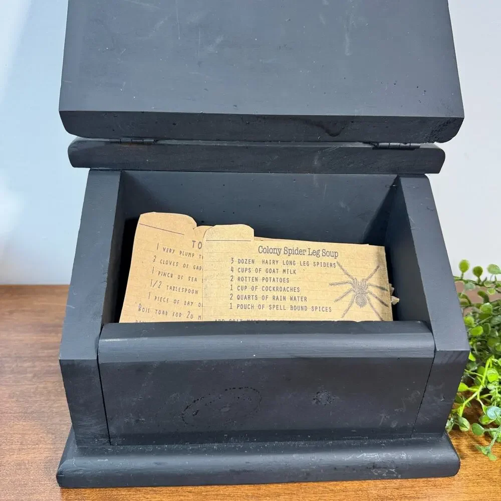 Spooky Halloween Black Wood Recipe Box Countertop Slant Top Cards 9 x 5.25 x 6.5